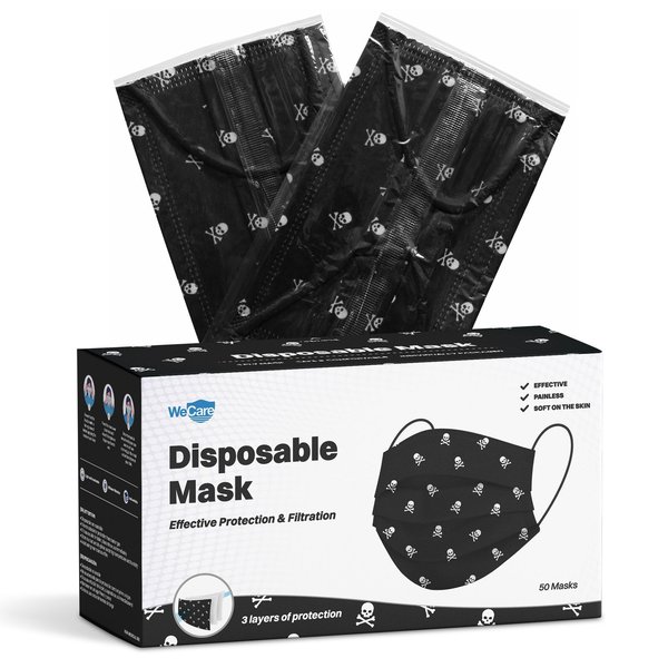 Wecare Individually Wrapped Face Masks, Skull & Bones Print, 50PK WC-WMN100096-FACE-MASKS-SKLBNS